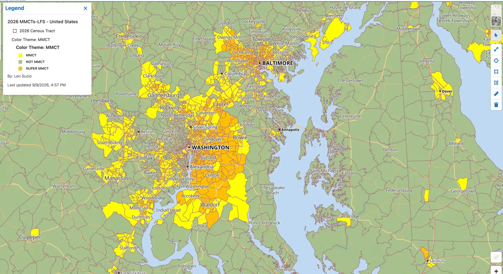 GeoDataVision's online majority-minority census tract map around Washington, DC, with minority tracts shaded yellow and orange.